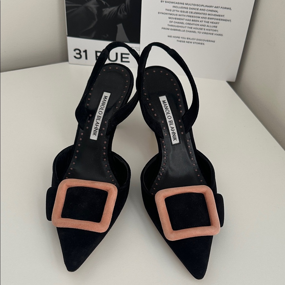 Manolo Blahnik Black slingback with Pink Buckle